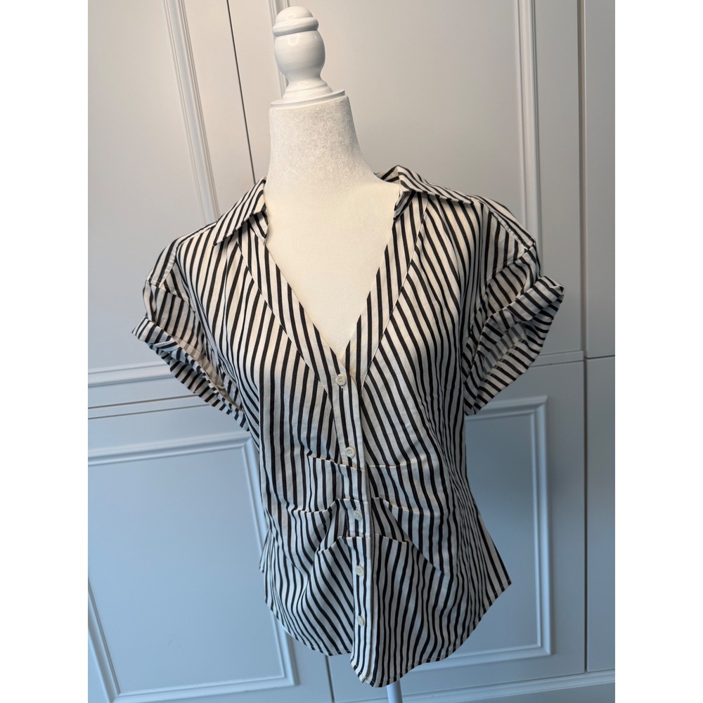 FRAME Striped Top Women Medium Black White Excellent Gathered Waist LWSH2503